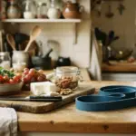 A blue silicone band sits on a wooden kitchen counter beside a cutting board with grapes, cheese, and tomatoes
