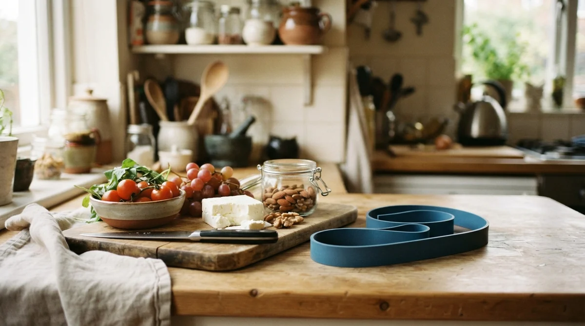 A blue silicone band sits on a wooden kitchen counter beside a cutting board with grapes, cheese, and tomatoes