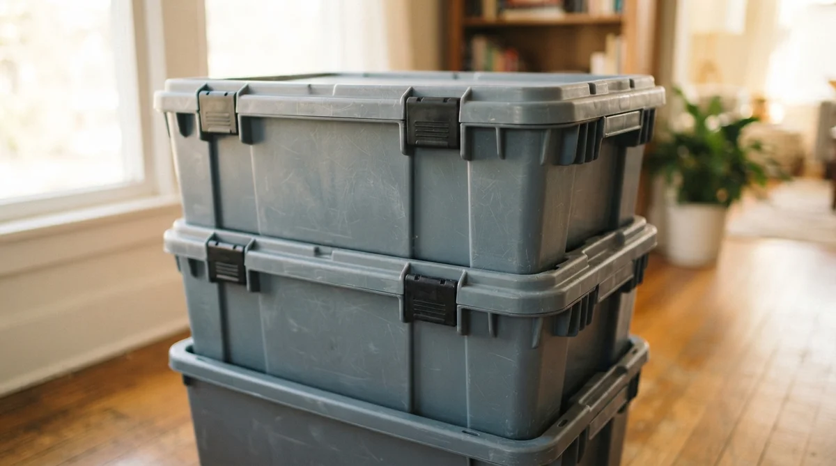 Three gray plastic storage bins stacked on top of one another on a hardwood floor
