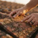 Hands touch a cracked terracotta roof tile on a weathered house roof