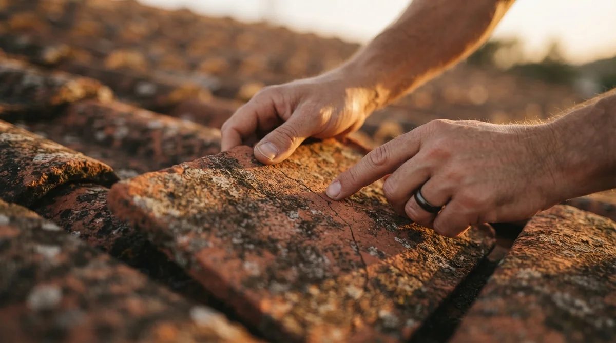 Hands touch a cracked terracotta roof tile on a weathered house roof