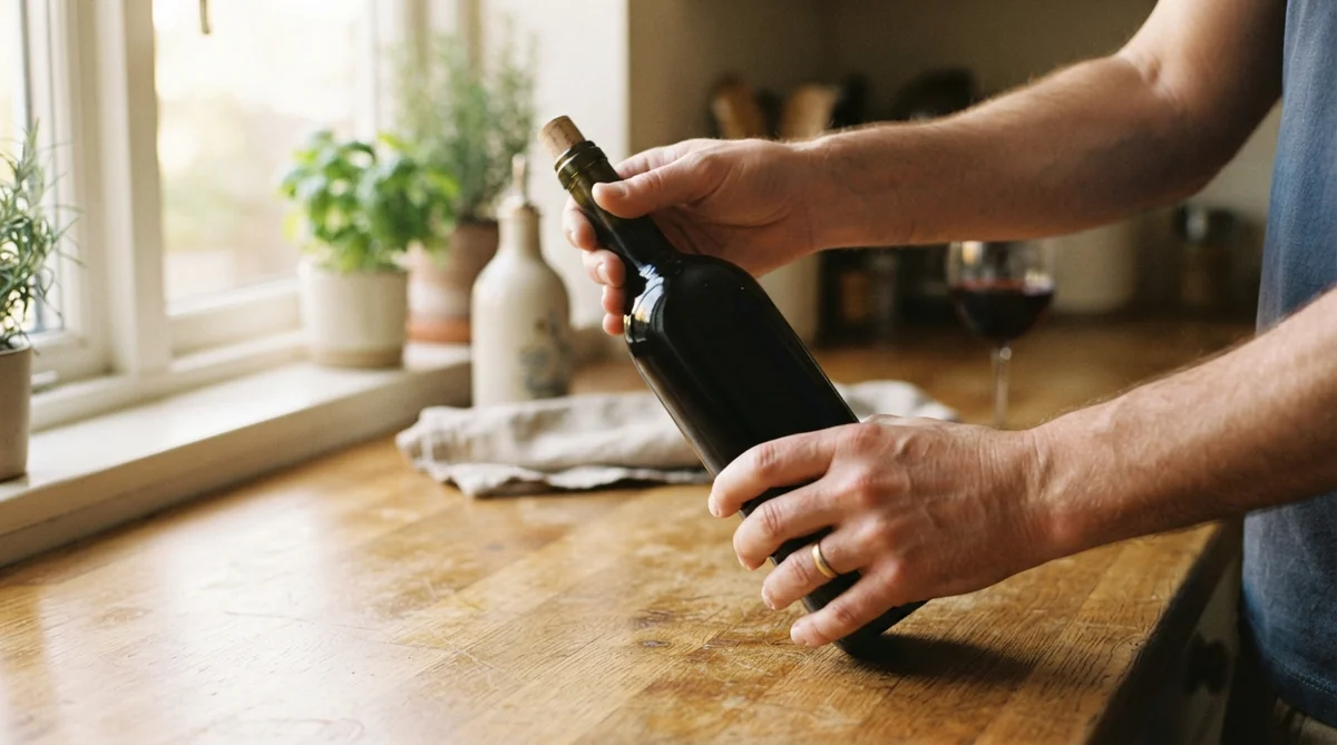A man's hands hold a dark wine bottle with a cork on a wooden kitchen counter