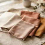Several luxurious fabric swatches in a warm, cohesive wedding color palette are artfully arranged on a soft linen surface