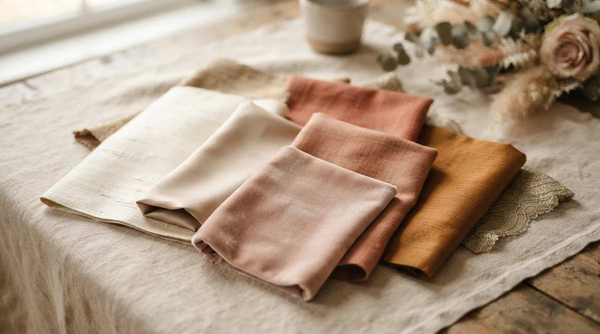 Several luxurious fabric swatches in a warm, cohesive wedding color palette are artfully arranged on a soft linen surface