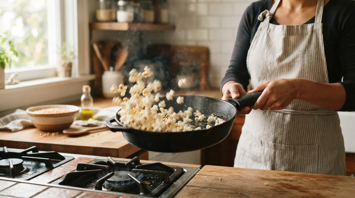 A person wearing an apron tosses popcorn in a cast iron skillet over a kitchen gas stove