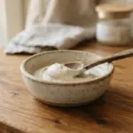 A small, neutral-toned ceramic bowl with a wooden spoon holding a smooth, light-colored home remedy paste