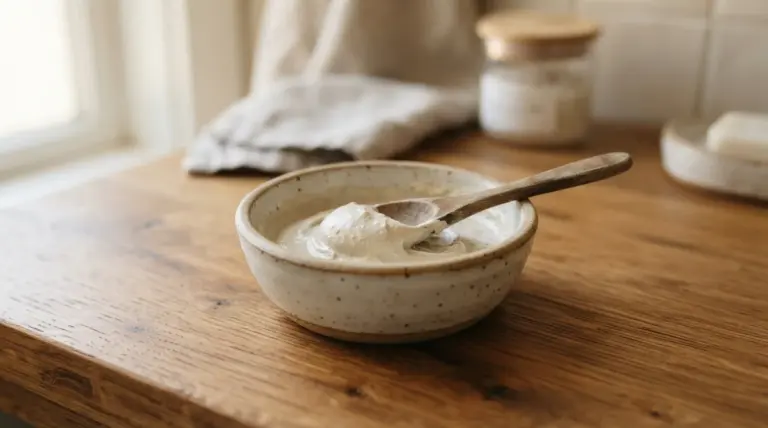 A small, neutral-toned ceramic bowl with a wooden spoon holding a smooth, light-colored home remedy paste