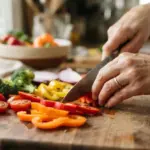 Hands slicing a red bell pepper on a wooden cutting board filled with fresh vegetables