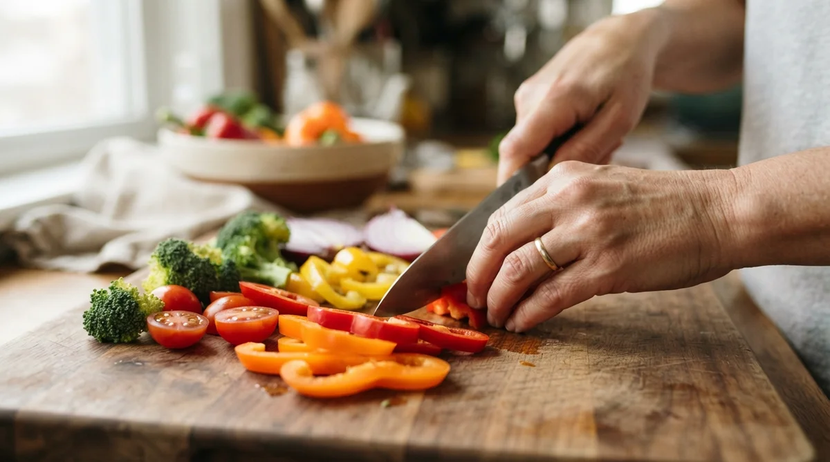 Hands slicing a red bell pepper on a wooden cutting board filled with fresh vegetables