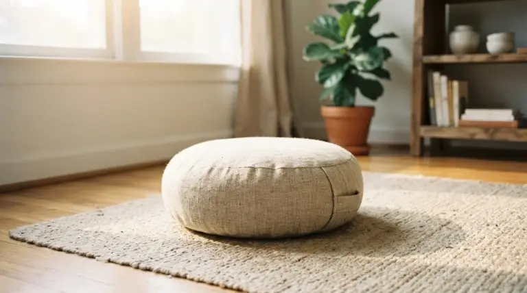 Round linen floor cushion resting on a textured rug in a room with a plant and bookshelf