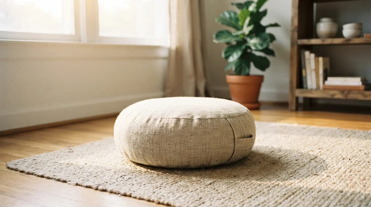 Round linen floor cushion resting on a textured rug in a room with a plant and bookshelf