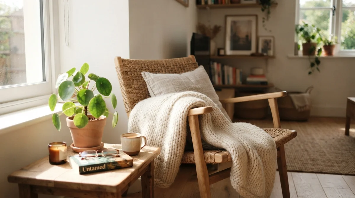 A woven armchair with a thick knit blanket sits next to a small wooden table holding a plant