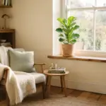 A cozy armchair with a throw blanket and pillow sits beside a window with potted plants on a ledge