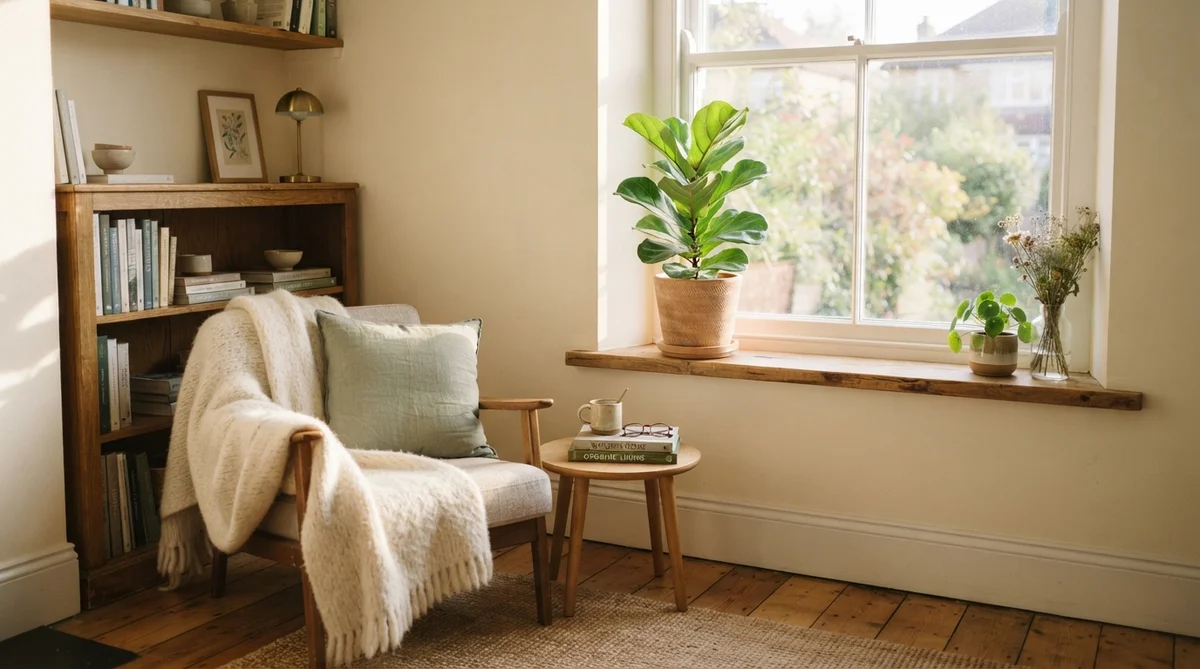 A cozy armchair with a throw blanket and pillow sits beside a window with potted plants on a ledge