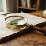 A brass magnifying glass rests on an open antique map atop a rustic wooden desk