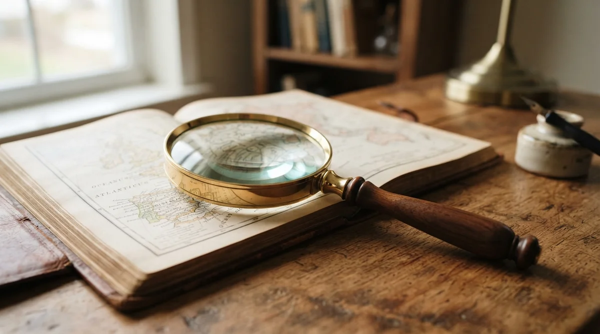 A brass magnifying glass rests on an open antique map atop a rustic wooden desk
