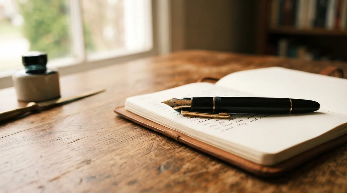 A fountain pen rests on an open journal next to an ink bottle on a wooden desk