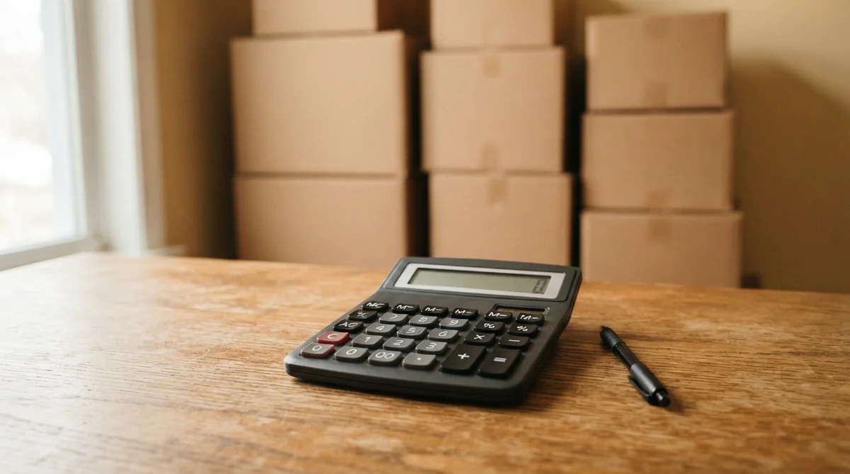 A black calculator and a pen sit on a wooden table in front of stacked cardboard boxes