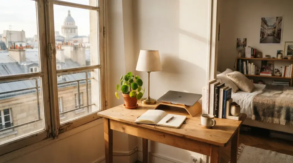 A cozy, sunlit student room in Paris, featuring a neatly organized study nook