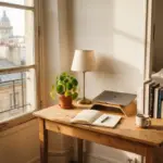 A cozy, sunlit student room in Paris, featuring a neatly organized study nook