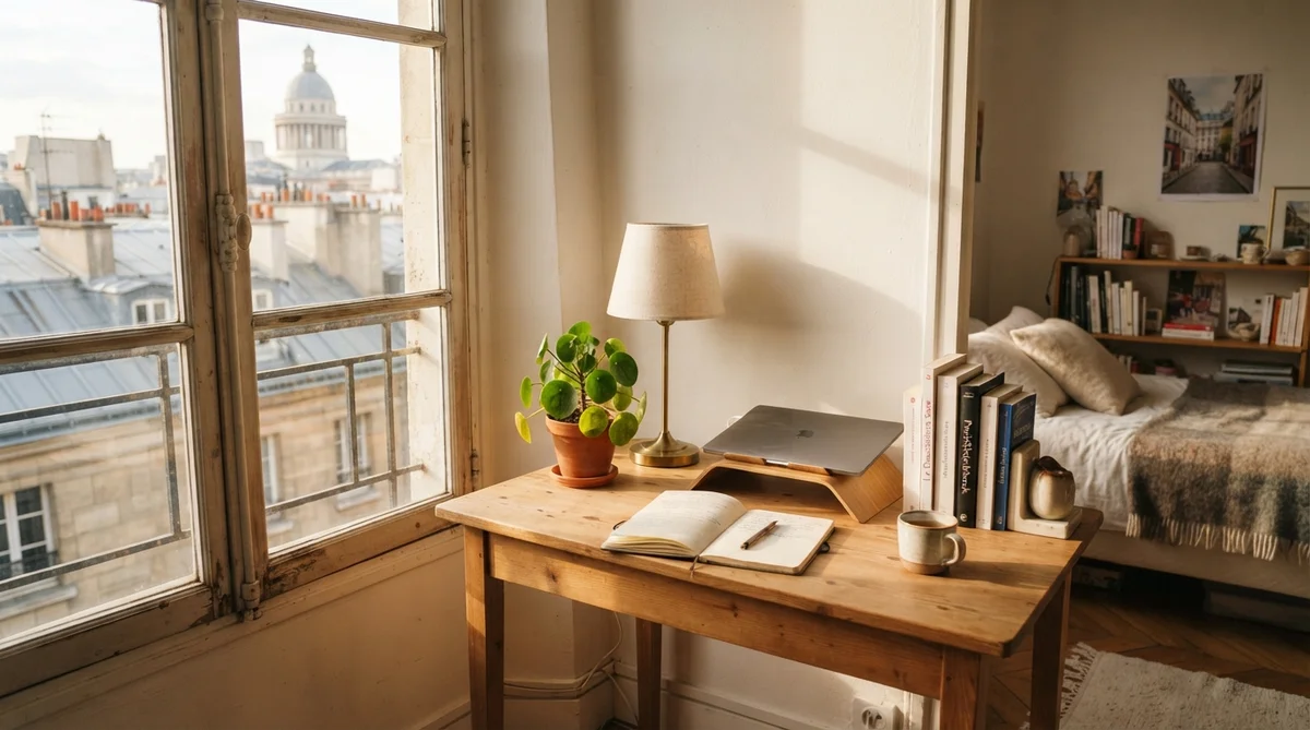 A cozy, sunlit student room in Paris, featuring a neatly organized study nook