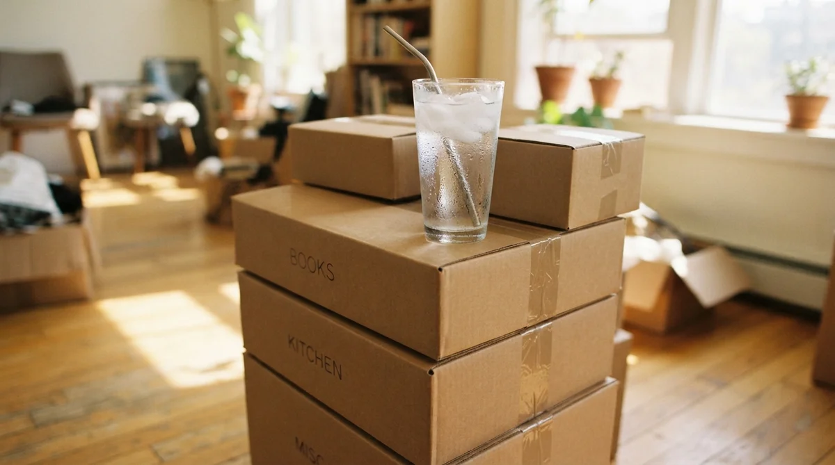 A glass of ice water sits atop a stack of cardboard moving boxes in a sunlit room