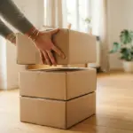 A person's hands stack a cardboard box onto two others inside a sunlit room with hardwood floors