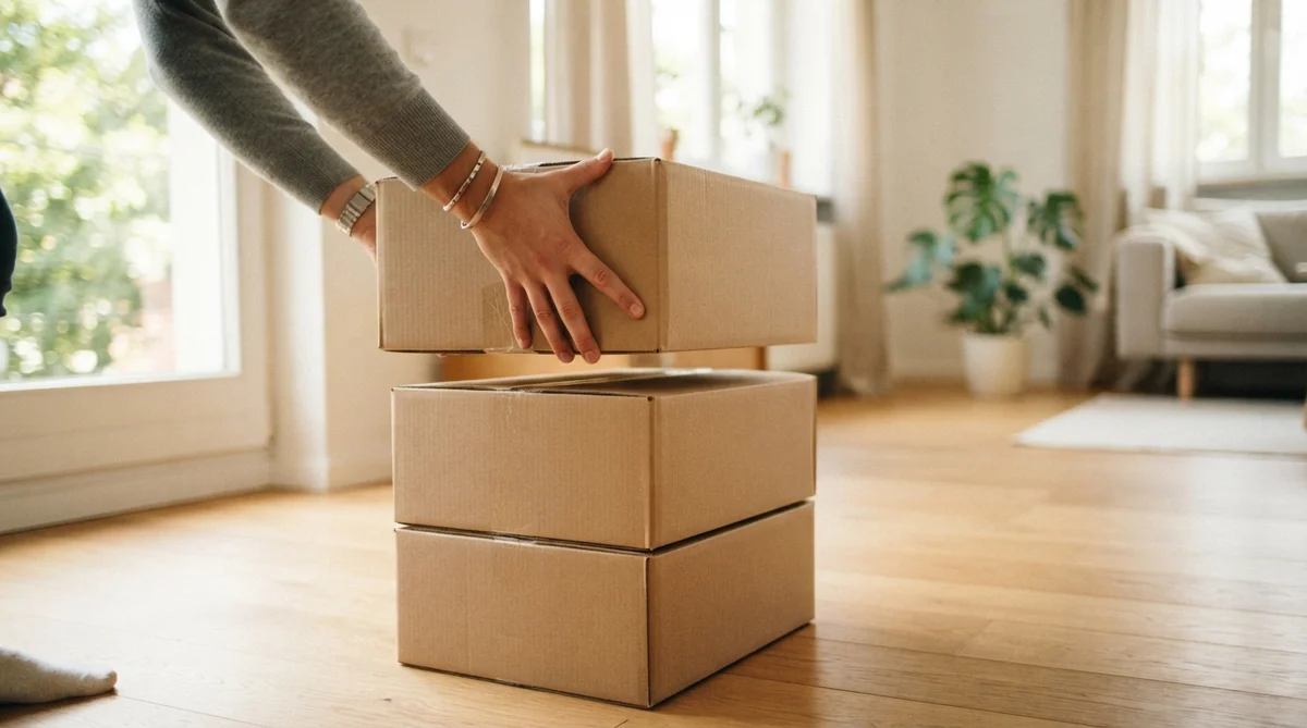 A person's hands stack a cardboard box onto two others inside a sunlit room with hardwood floors