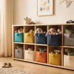 Wooden shelving unit filled with colorful fabric bins, toy animals, and books in a sunlit child's bedroom