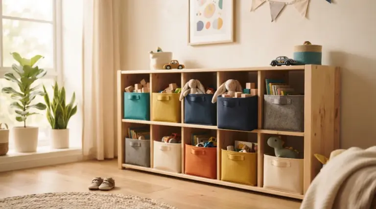 Wooden shelving unit filled with colorful fabric bins, toy animals, and books in a sunlit child's bedroom
