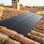Solar panel installation embedded within a weathered terracotta tile roof with a stone chimney visible in the background