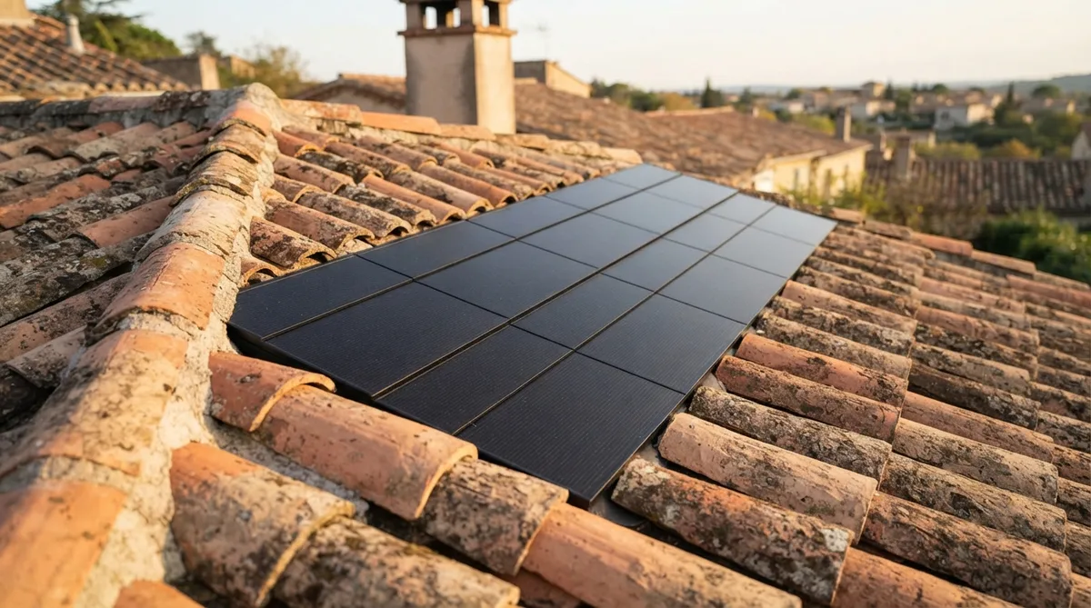 Solar panel installation embedded within a weathered terracotta tile roof with a stone chimney visible in the background