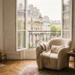 A textured cream armchair sits in a sunlit Parisian apartment living room with open doors overlooking a balcony