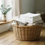 A woven laundry basket filled with neatly folded, freshly laundered white towels and soft clothes