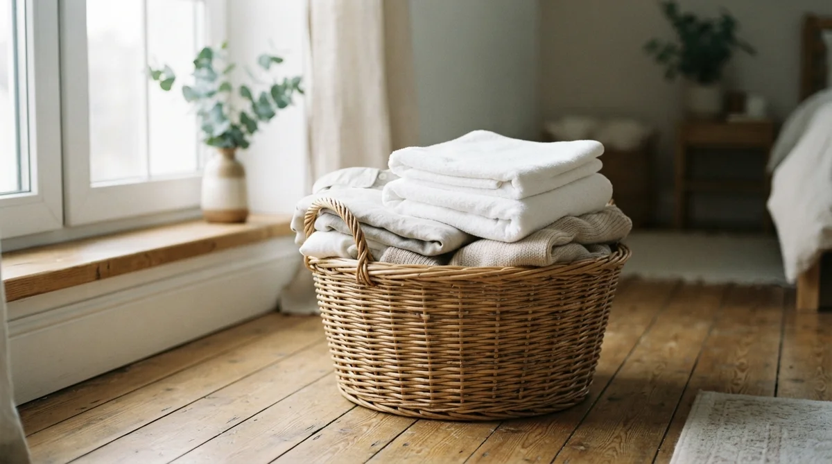 A woven laundry basket filled with neatly folded, freshly laundered white towels and soft clothes