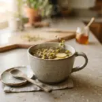 A steaming cup of warm herbal tea with visible chamomile flowers and ginger slices rests on a smooth