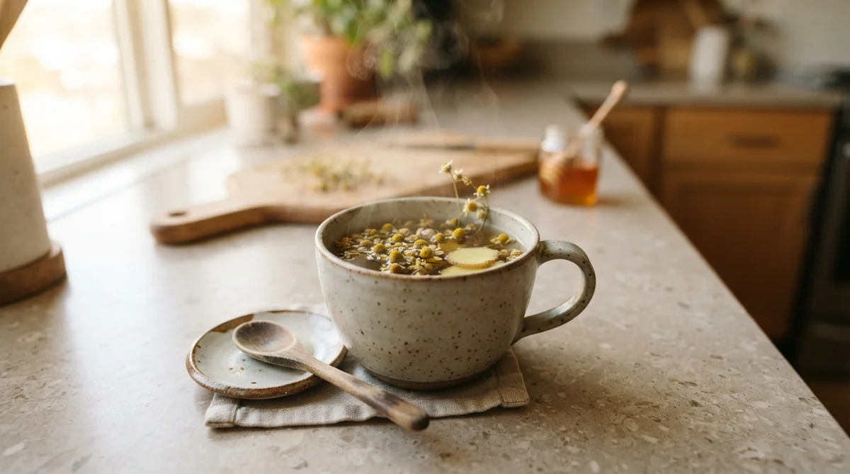 A steaming cup of warm herbal tea with visible chamomile flowers and ginger slices rests on a smooth