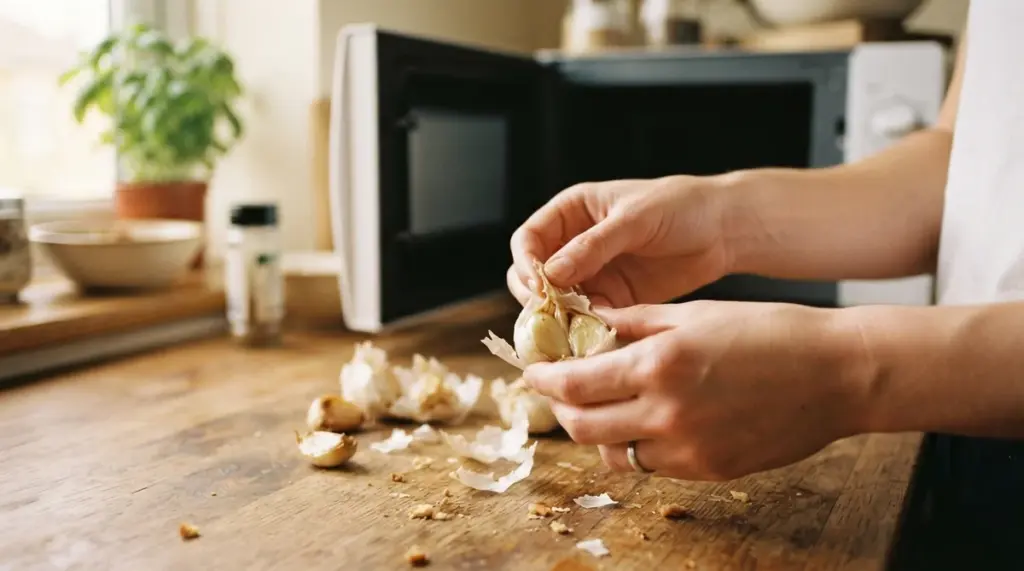Close-up of non-recognisable hands gently peeling warm garlic cloves on a natural wooden kitchen counter