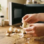 Close-up of non-recognisable hands gently peeling warm garlic cloves on a natural wooden kitchen counter